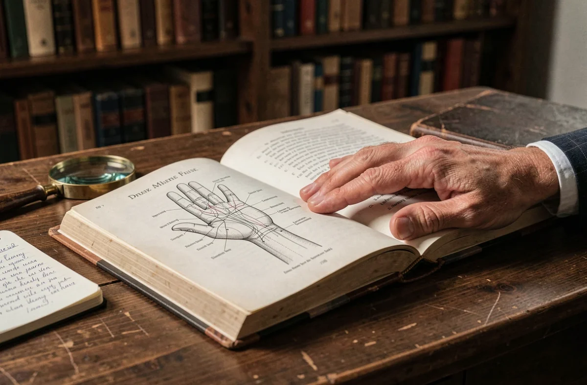 Livre de chiromancie ouvert montrant un diagramme des lignes de la main posé à côté d'une vraie paume humaine sur un bureau en chêne, dans un bureau bibliothèque