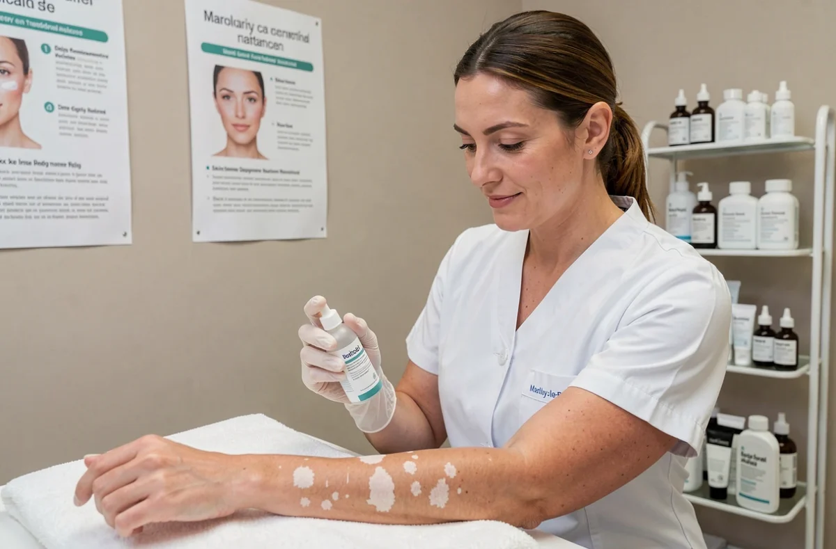 Spécialiste appliquant un traitement du vitiligo sur le bras d'une patiente dans un cabinet à Marly-le-Roi