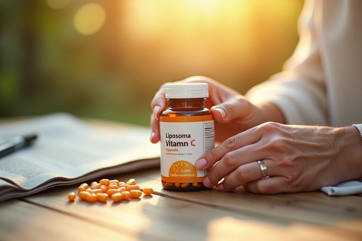 Dame âgée ouvrant une bouteille de capsules de vitamine C