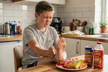 Adolescent souffrant de la maladie de Sever assis devant des aliments ultra-transformés et des boissons sucrées pouvant aggraver l'inflammation