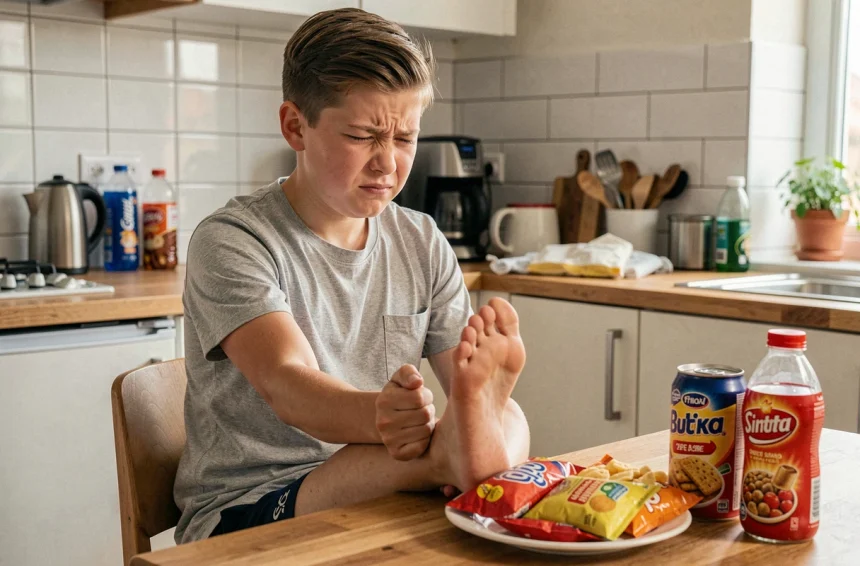 Adolescent souffrant de la maladie de Sever assis devant des aliments ultra-transformés et des boissons sucrées pouvant aggraver l'inflammation