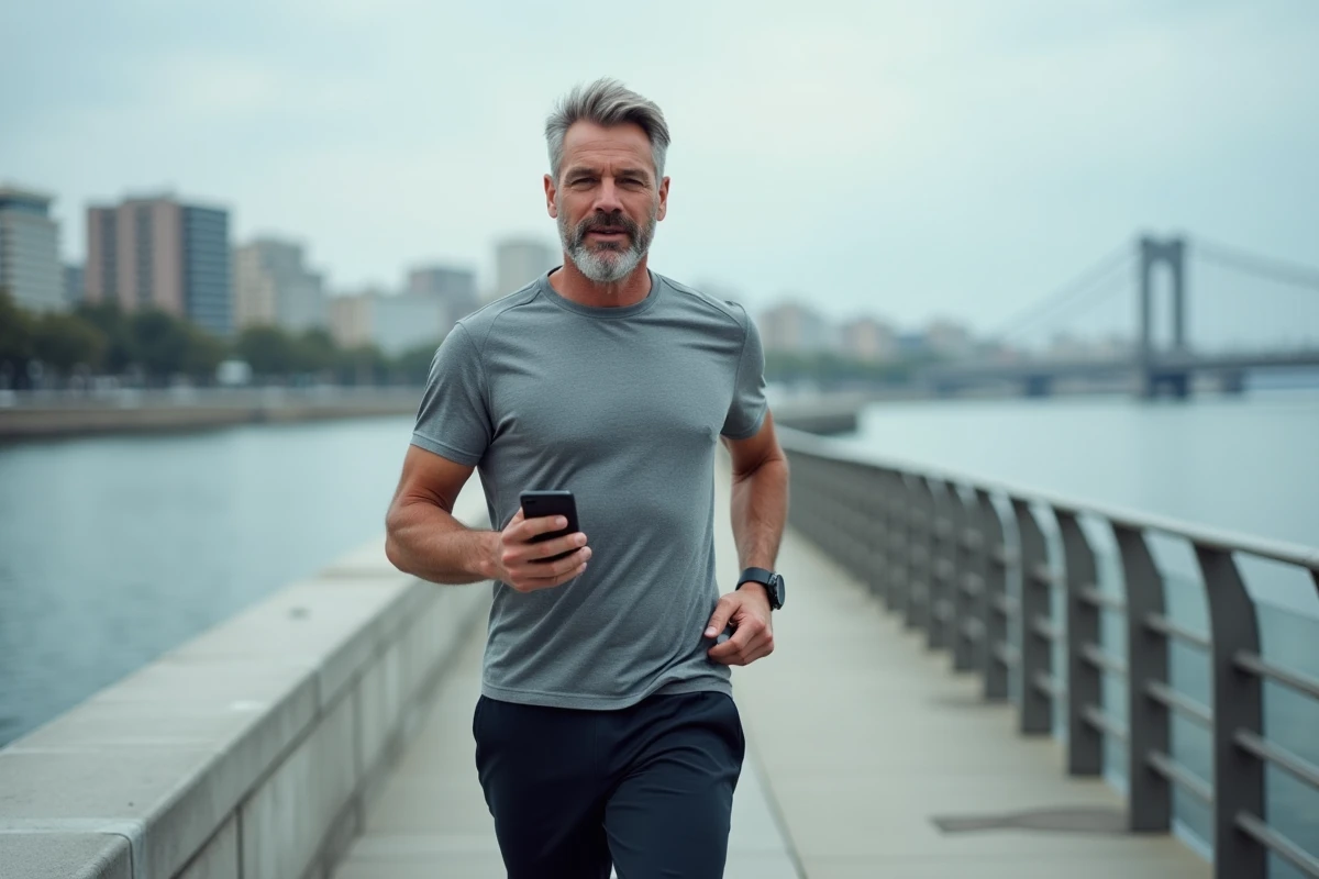 Homme marchant sur un quai urbain en consultant une application de comptage de pas sur son smartphone