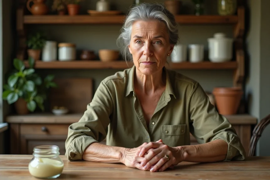Femme âgée massant ses mains avec un baume naturel fait maison dans une cuisine rustique en bois