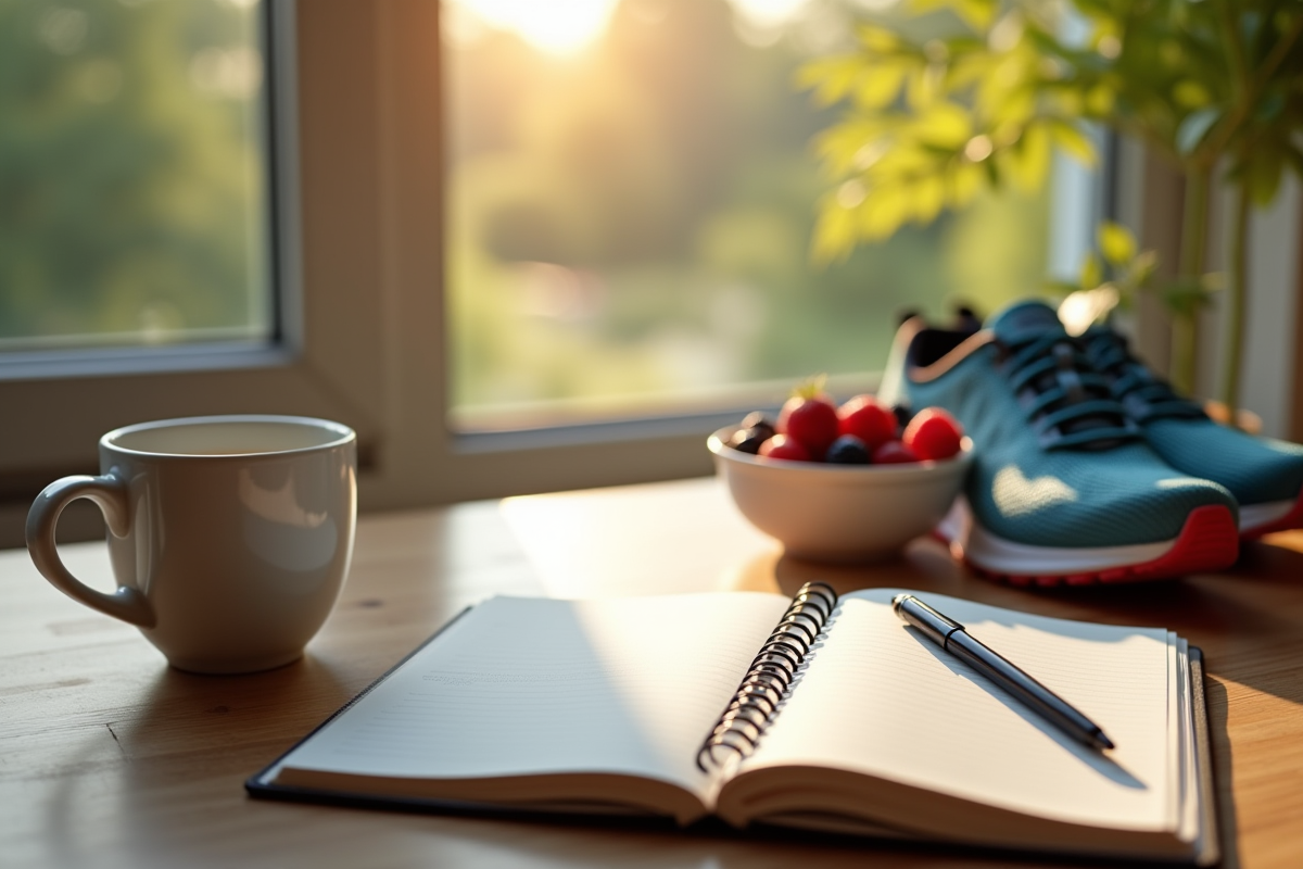 Scène matinale avec journal chaussures de course et fruits frais