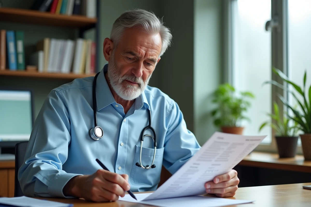 Médecin généraliste analysant un bilan sanguin avec taux TCMH élevé