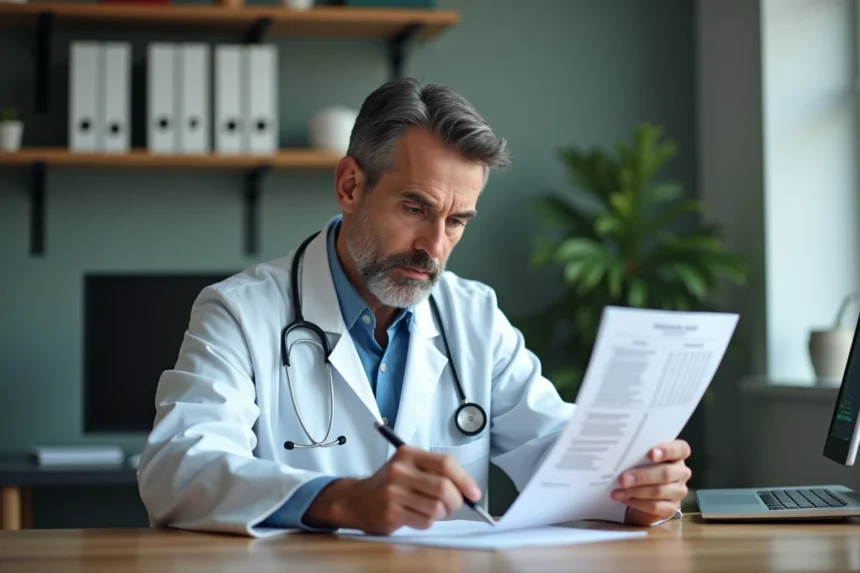 Médecin analysant les résultats d'une prise de sang avec des gamma GT élevés dans un cabinet médical