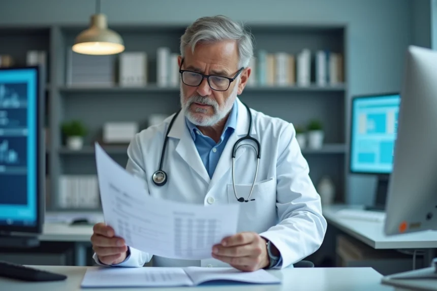 Médecin analysant des résultats d'examens sérologiques IgG positifs en consultation médicale