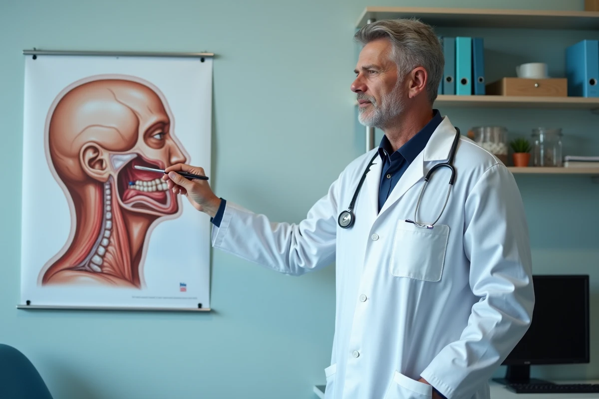 Médecin expliquant la différence entre l'œdème de Quincke et l'angiœdème héréditaire à l'aide d'un schéma anatomique