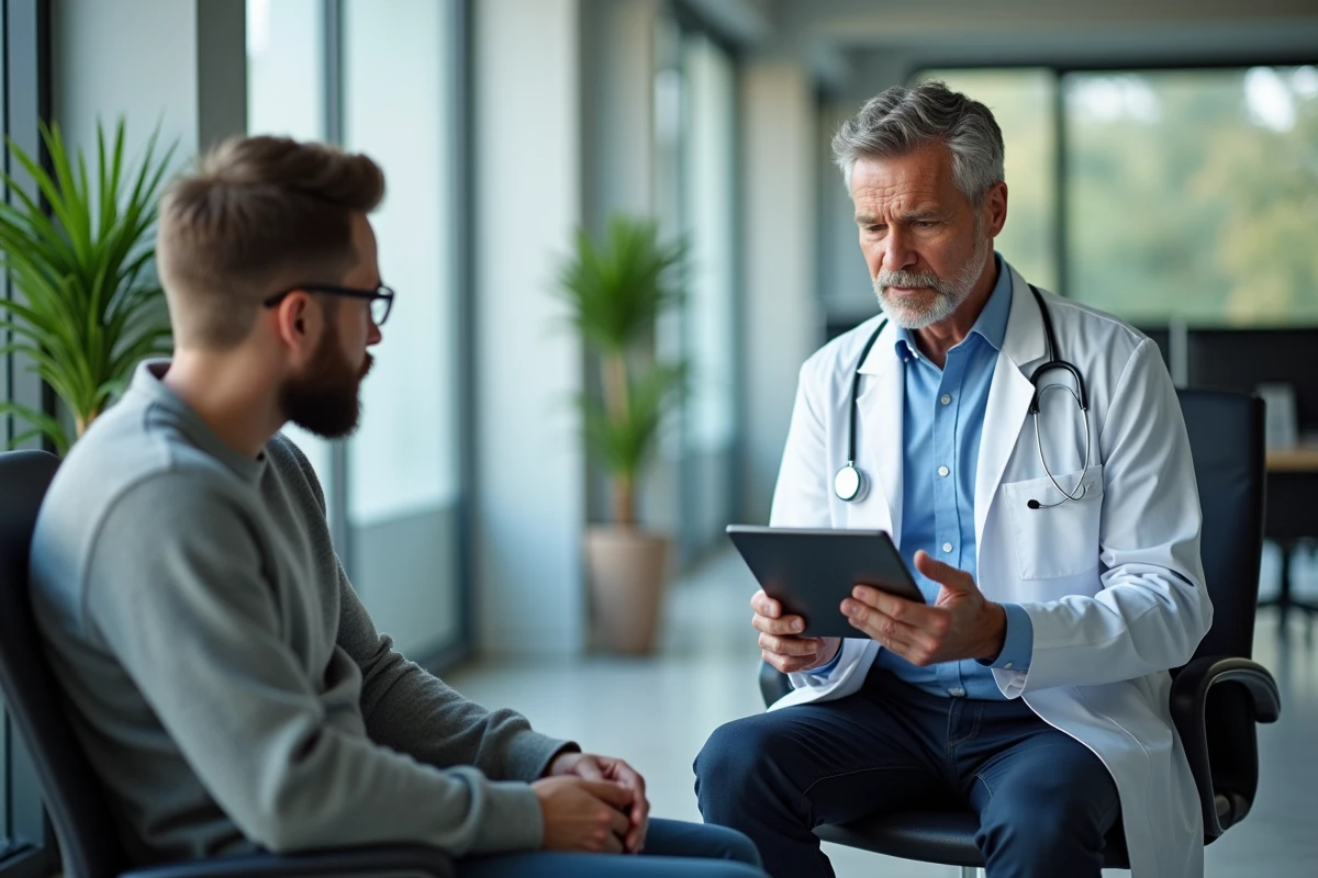 Medecin et patient discutant dans un cabinet médical contemporain