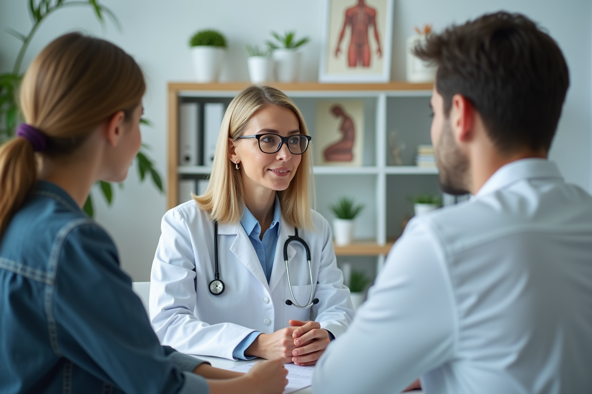 Docteur parlant à un couple dans un cabinet médical