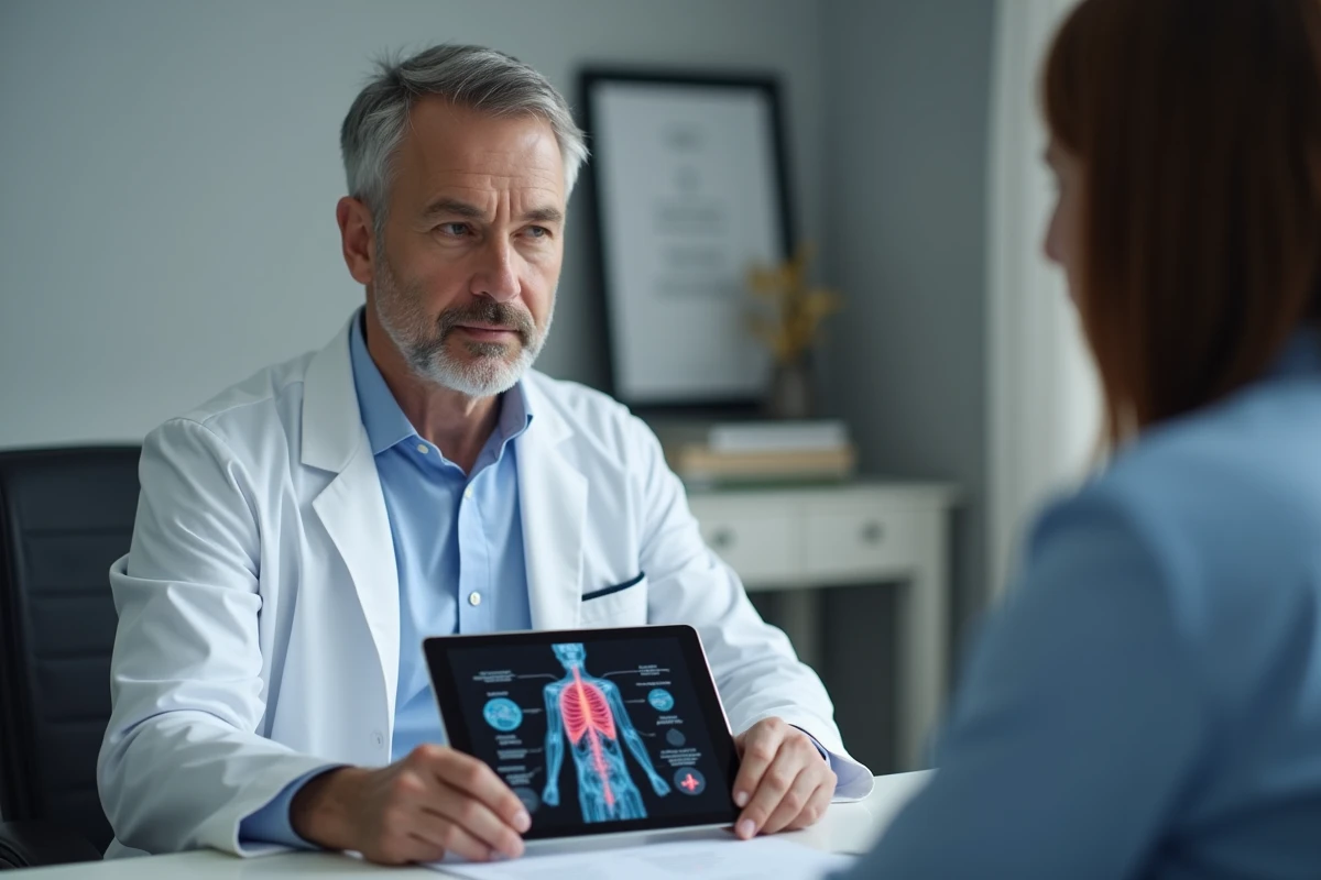 Médecin en consultation discutant d'un traitement pour douleurs neuropathiques avec un patient dans un cabinet médical