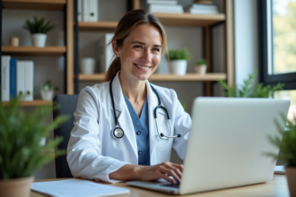 Medecin femme en visio consultation avec patient homme