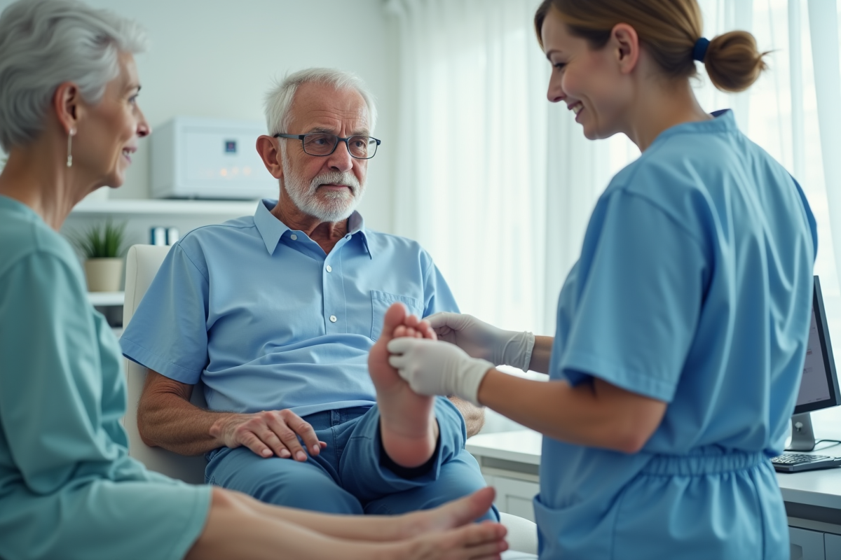 Professionnel de santé examinant le pied d’un senior en clinique
