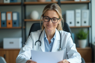 Medecin femme en blouse blanche dans son bureau