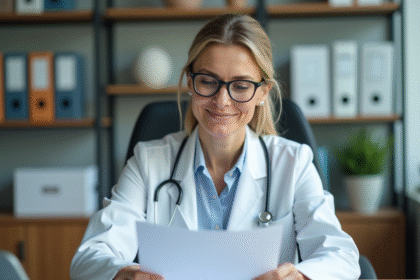 Medecin femme en blouse blanche dans son bureau