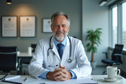 Médecin homme en blanc dans un bureau moderne