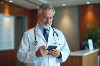 Médecin homme en blouse blanche dans une clinique moderne