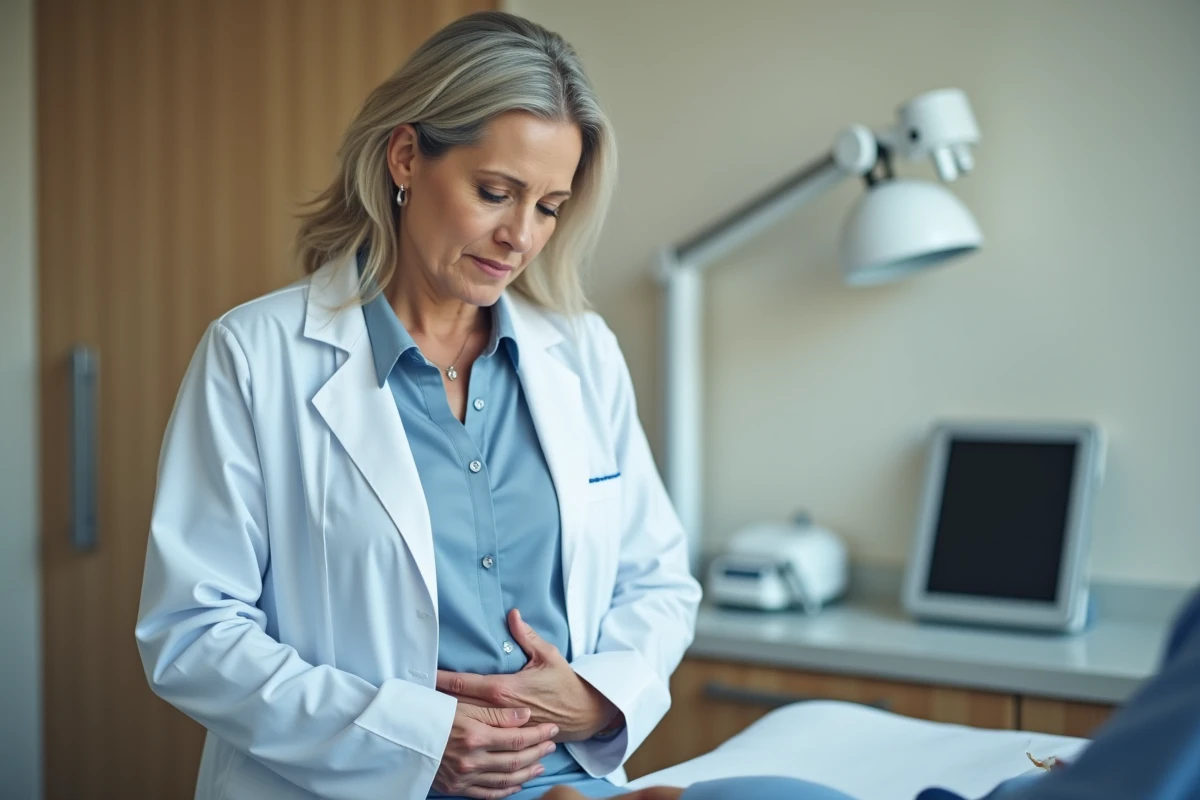 Médecin palpant l'abdomen inférieur droit d'un patient lors d'une consultation, diagnostic de douleur abdominale droite