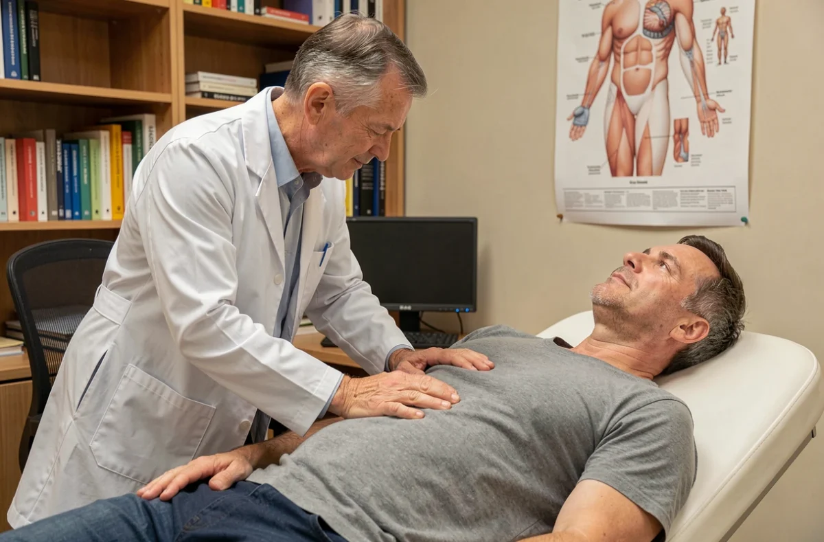 Médecin généraliste réalisant une palpation abdominale sur un patient pour identifier une pulsation anormale de l'aorte abdominale