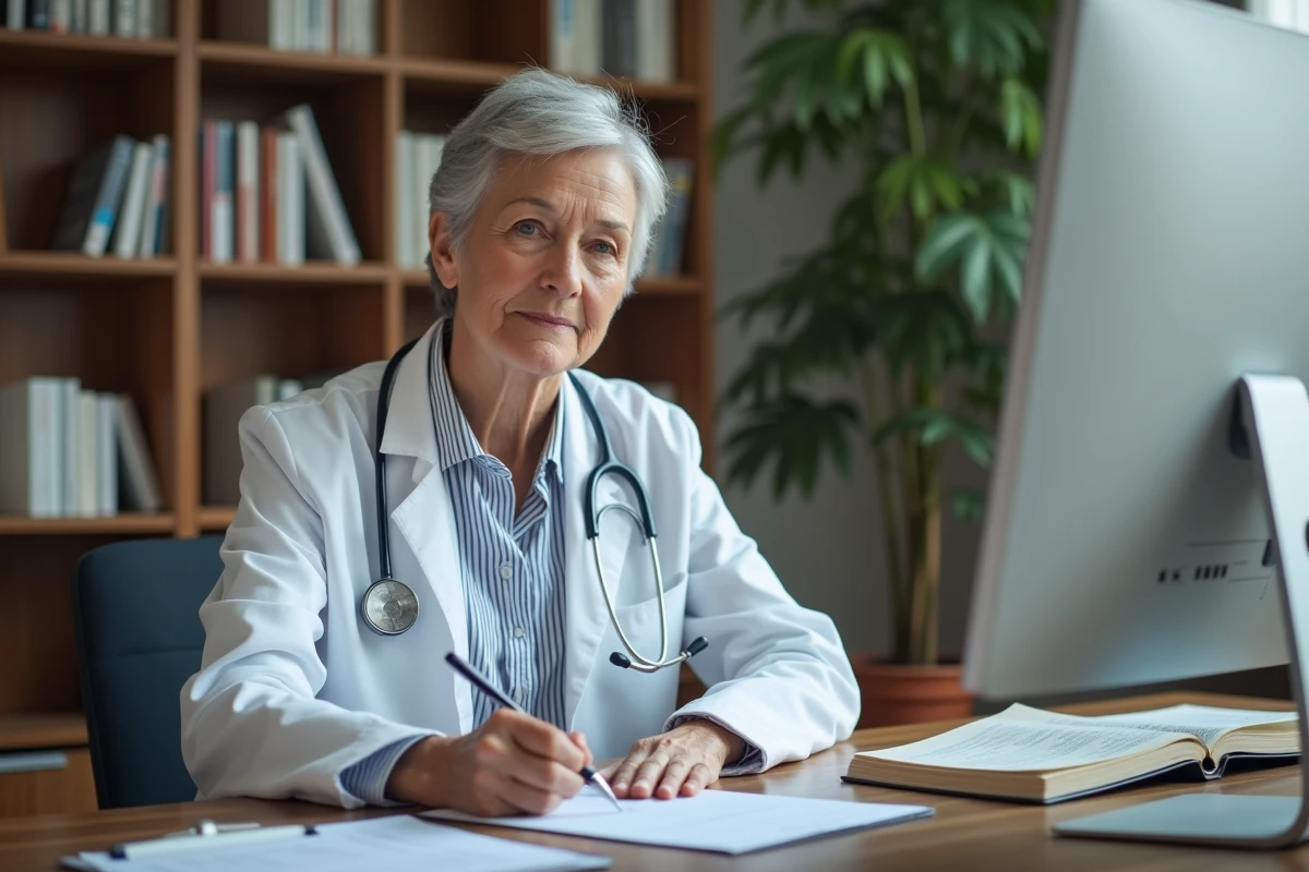 Médecin généraliste rédigeant une prolongation d'arrêt maladie pour un patient dans son cabinet