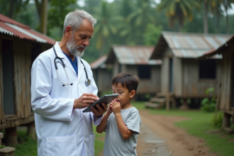 Medecin en blanc observe un enfant toussant dans un village rural