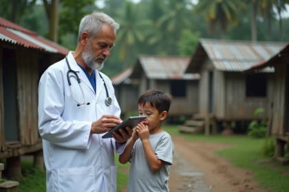 Medecin en blanc observe un enfant toussant dans un village rural