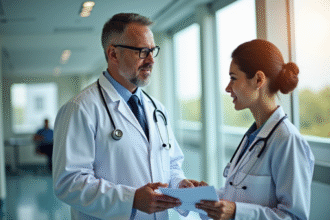 Médecins discutant de dossiers dans un hôpital moderne