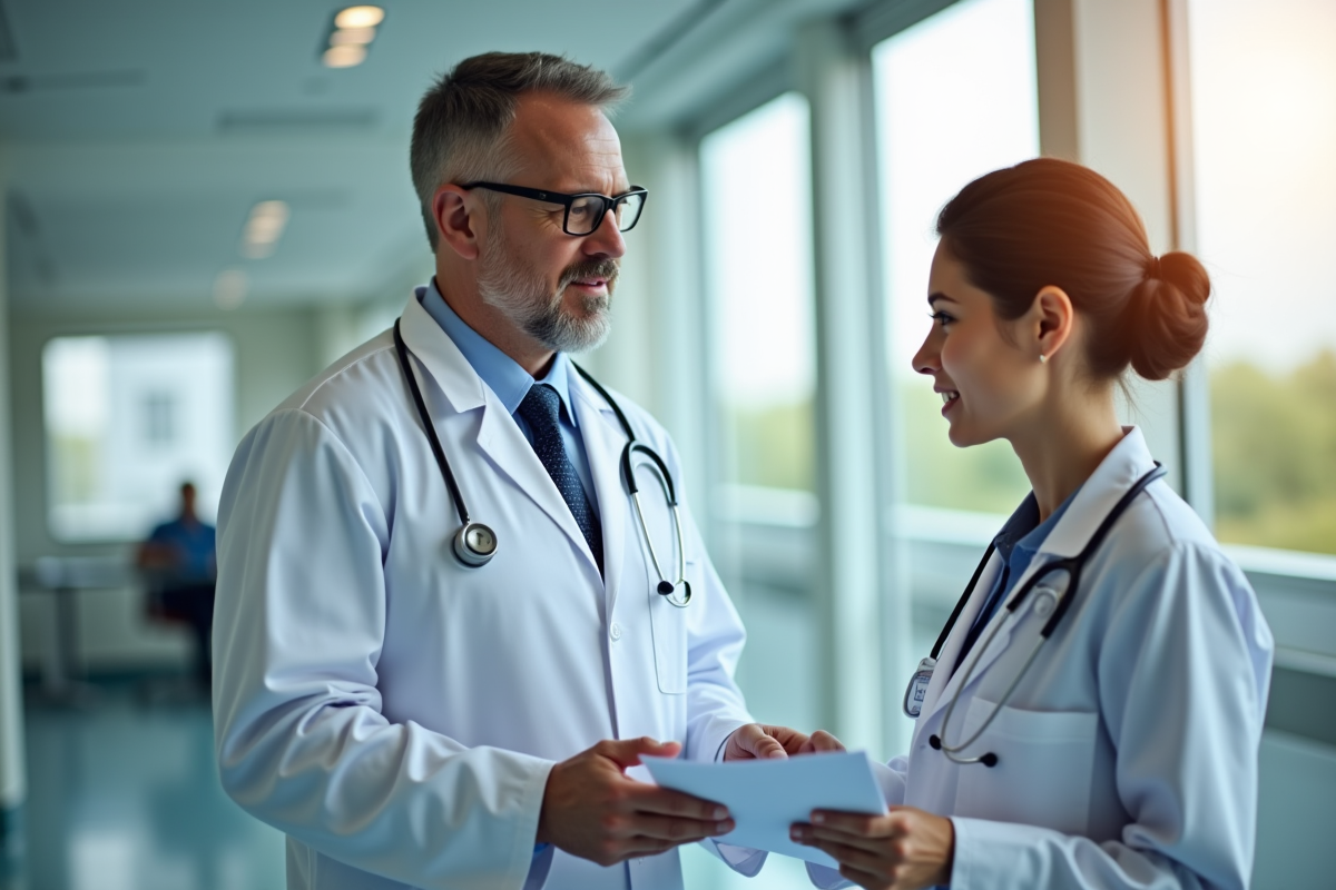 Médecins discutant de dossiers dans un hôpital moderne