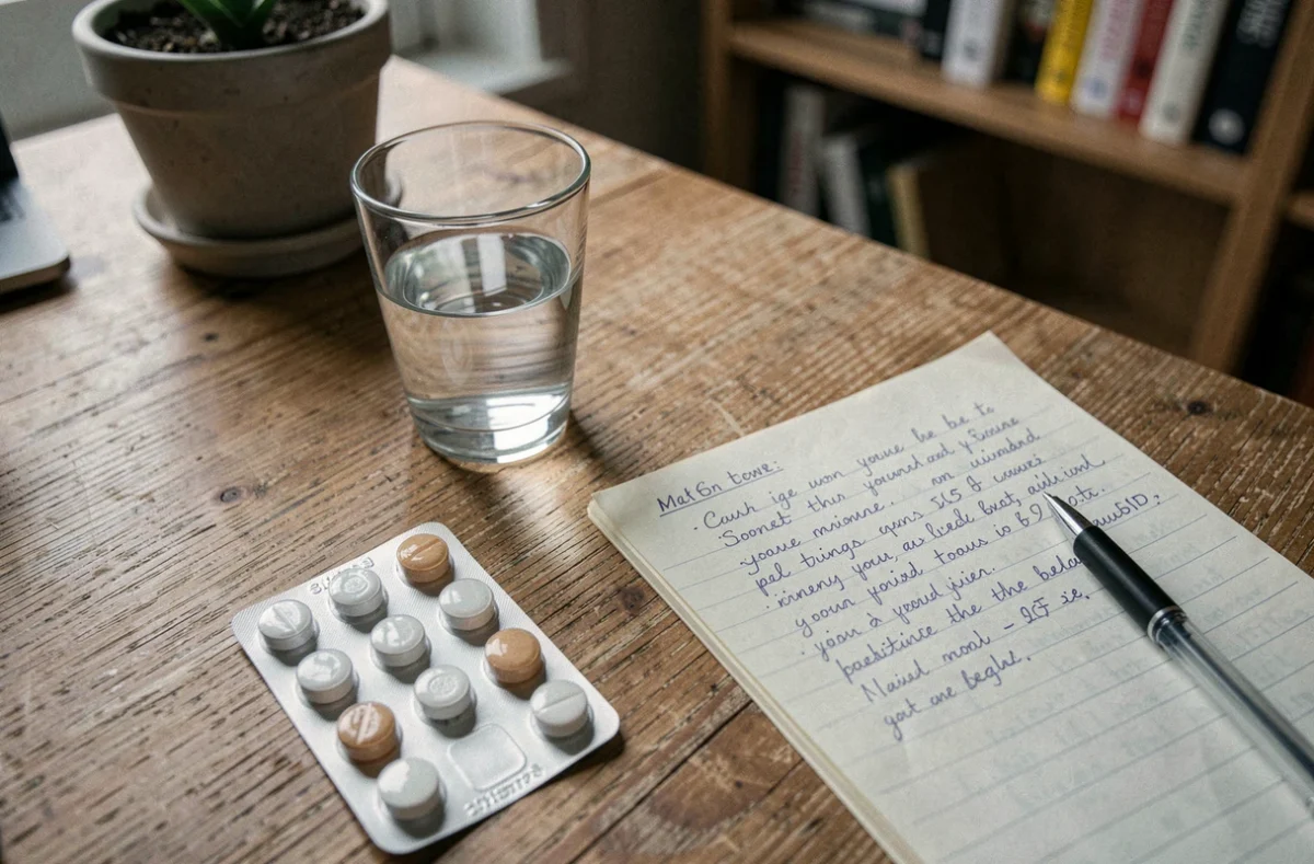Vue de dessus d'une surface en bois avec des blisters de médicaments, un carnet de notes manuscrites et un verre d'eau, symbolisant la recherche sur les effets secondaires du cumul de Proteochoc et d'anti-inflammatoires