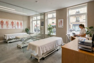 Cabinet de kinésithérapie moderne dans les Hauts-de-Seine avec tables de traitement et accueil professionnel