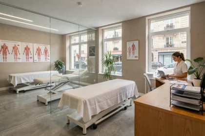 Cabinet de kinésithérapie moderne dans les Hauts-de-Seine avec tables de traitement et accueil professionnel