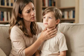 Mère examinant calmement le ganglion au côté gauche du cou de son enfant assis sur un canapé
