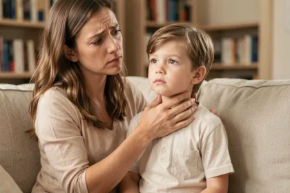 Mère examinant calmement le ganglion au côté gauche du cou de son enfant assis sur un canapé