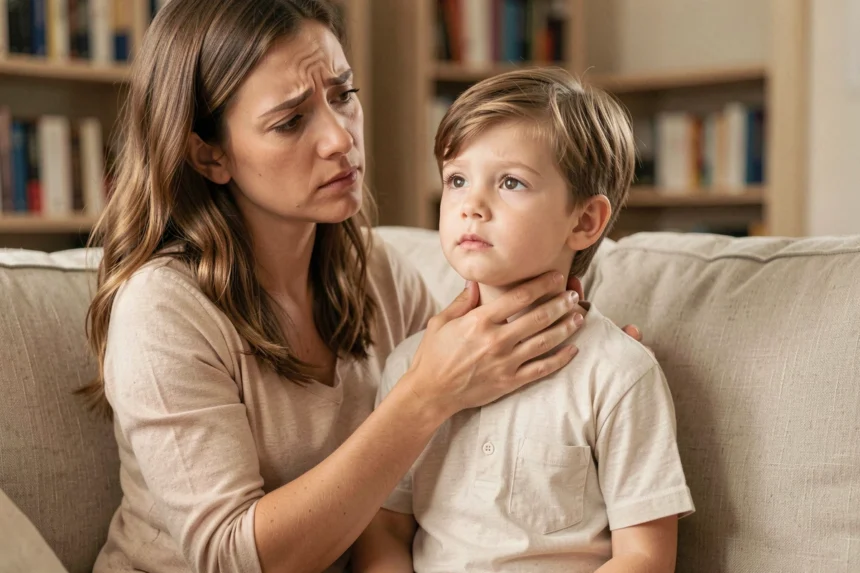 Mère examinant calmement le ganglion au côté gauche du cou de son enfant assis sur un canapé