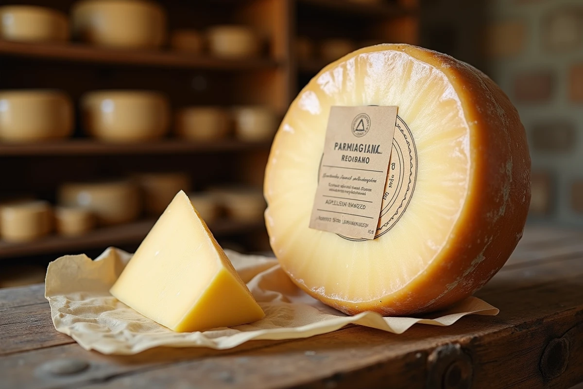 Meule de parmesan AOP et portion sous vide avec étiquette dans une fromagerie artisanale française