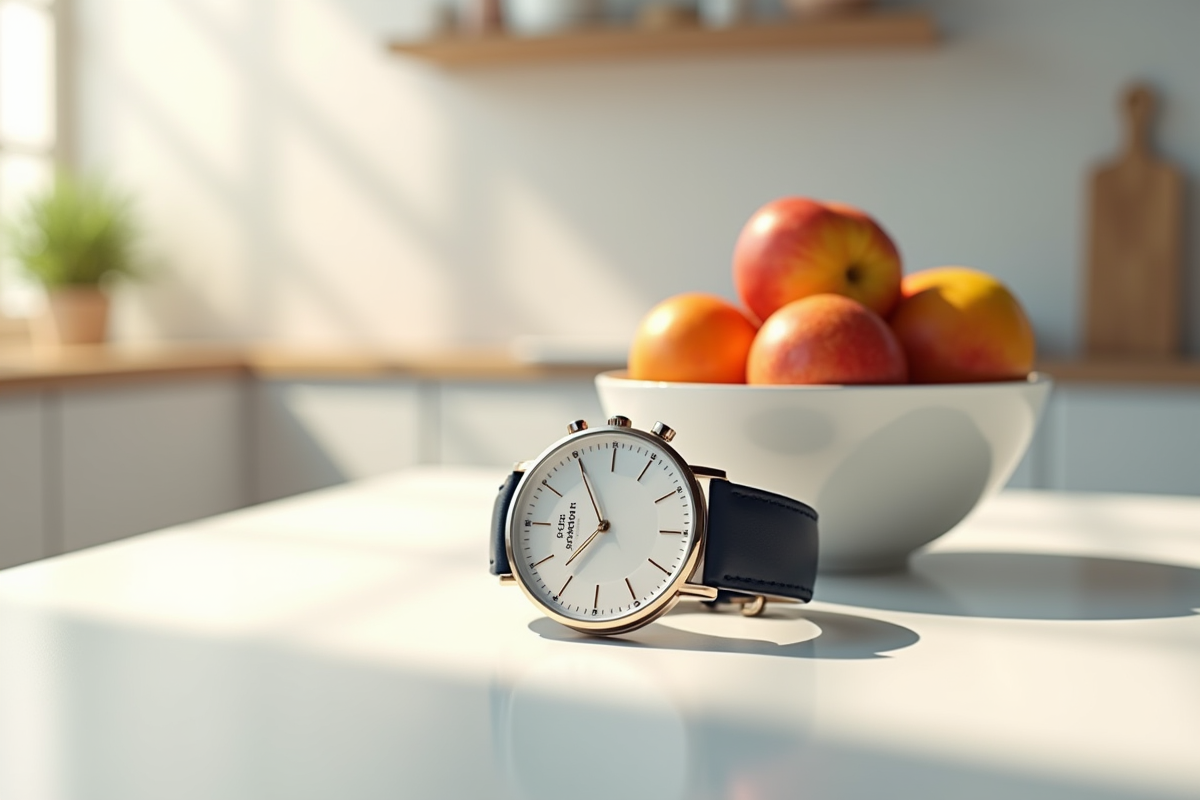 Montre analogique et bol de fruits frais sur un plan de travail blanc