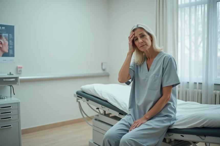 Femme souffrant de vertiges persistants après une névrite vestibulaire lors d'une consultation ORL