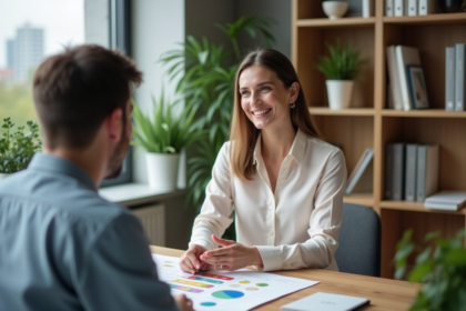 Nutritionniste souriante expliquant un plan repas à un client