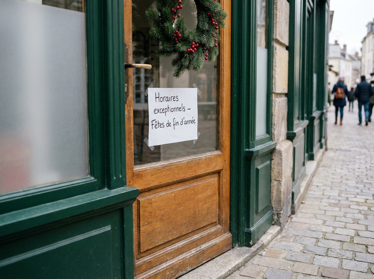 Panneau horaires exceptionnels de fêtes affiché sur la porte fermée d'un opticien de village
