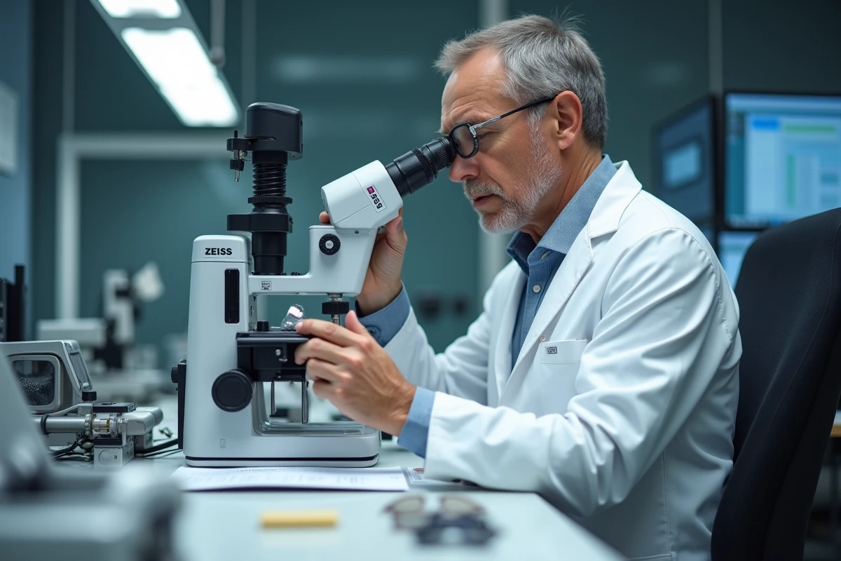 Opticien professionnel vérifiant un verre ZEISS sur mesure avec un lensomètre en atelier optique