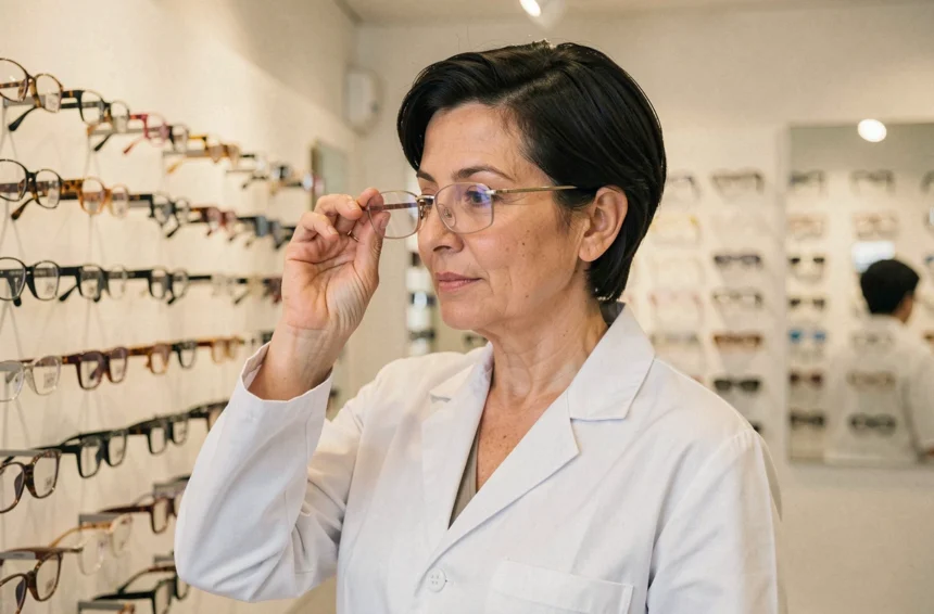 Opticienne inspectant l'épaisseur des verres correcteurs dans un magasin de lunettes moderne