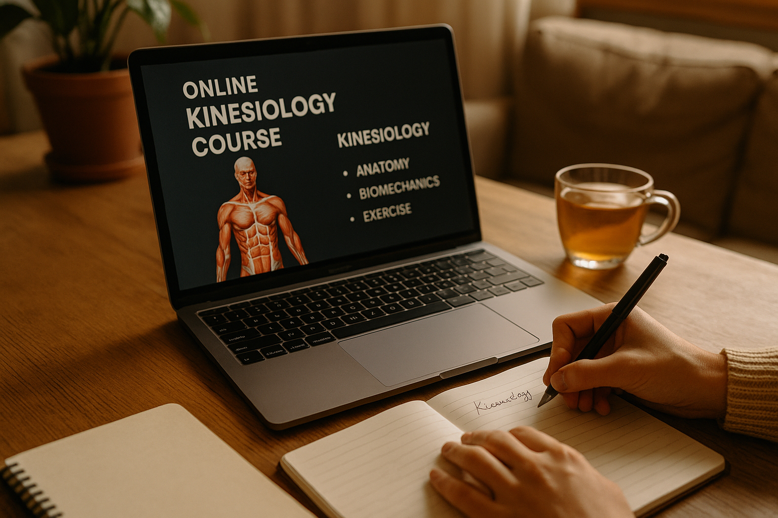 Ordinateur portable avec cours de kinesio sur un bureau chaleureux