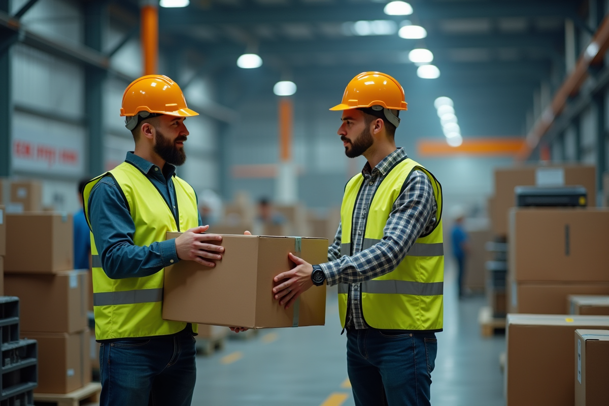Ouvrier en sécurité manipulant une caisse dans une usine bien éclairée