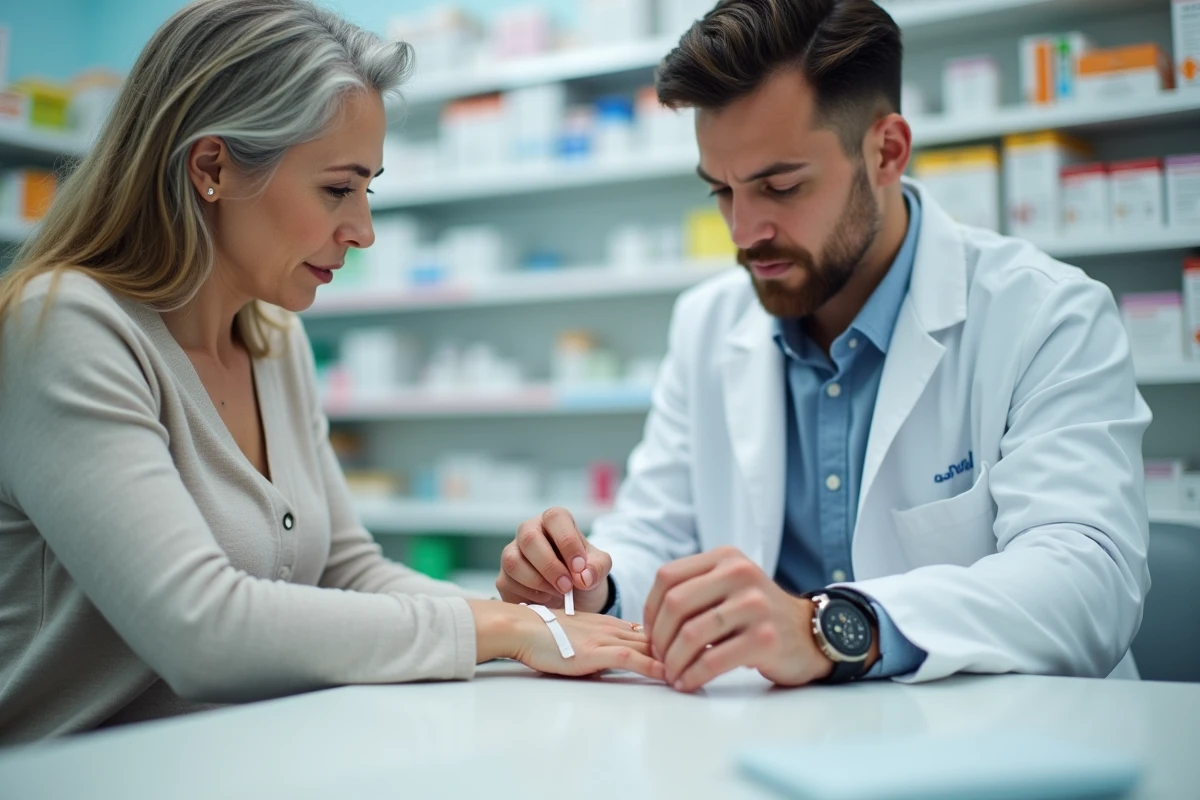 Pharmacien appliquant un pansement stérile sur un doigt brûlé lors d'une consultation officinale