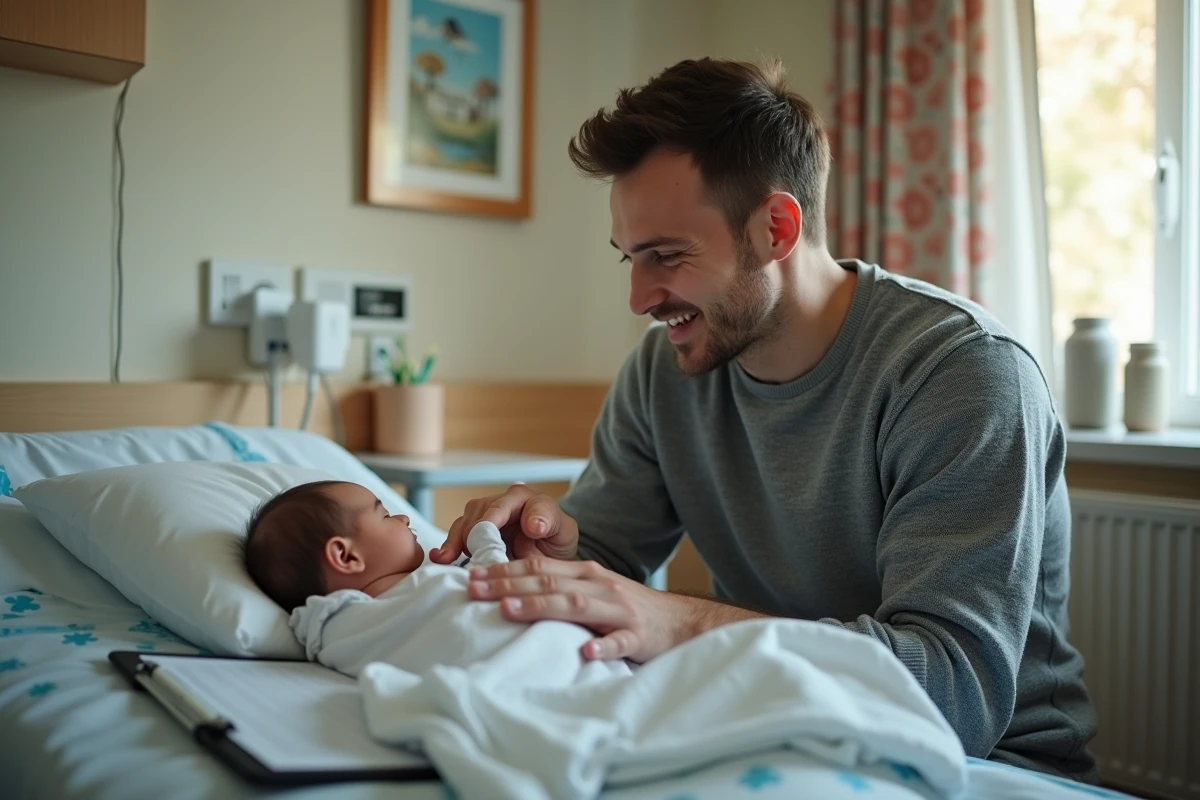 Jeune père avec bébé dans une chambre de maternité chaleureuse