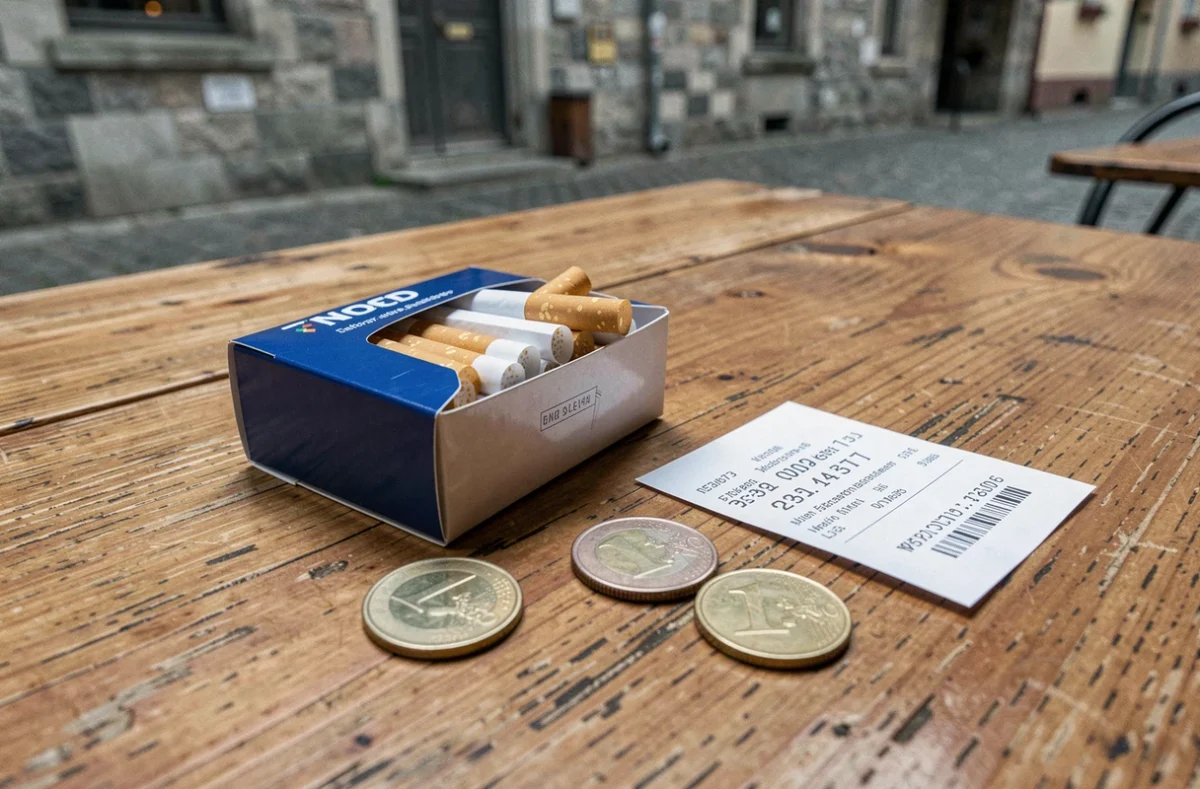 Paquet de cigarettes et pièces en euros sur une table de café au Luxembourg, illustrant le coût du tabac après les nouvelles taxes 2026