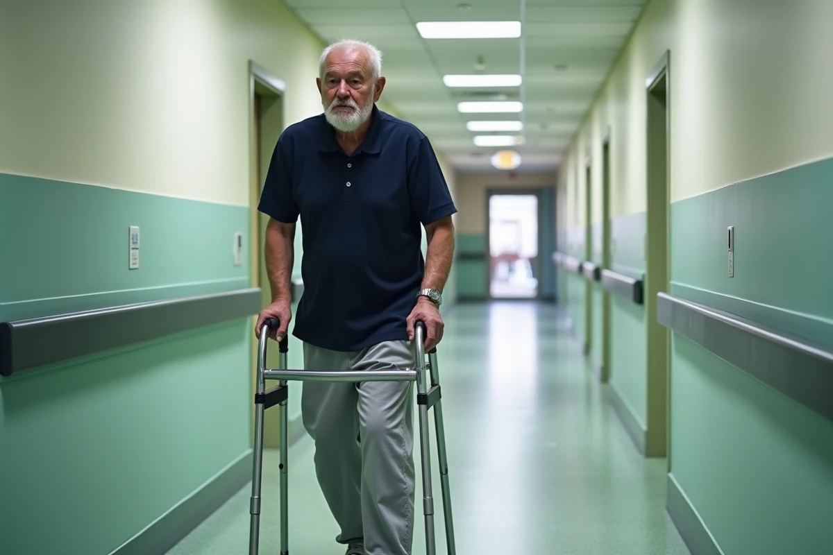Patient âgé utilisant un déambulateur lors de la rééducation à la marche après fracture du bassin