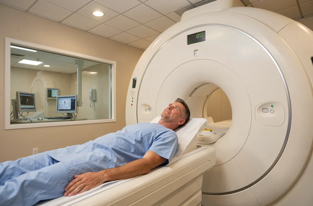Patient allongé sur la table d'un scanner CT dans un cabinet de radiologie médicale