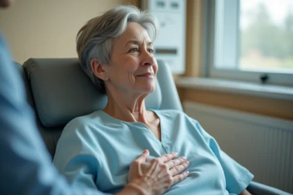 Patiente en chimiothérapie avec port-à-cath dans un fauteuil de clinique oncologique, expression sereine