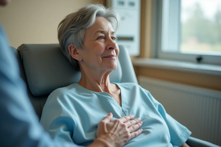 Patiente en chimiothérapie avec port-à-cath dans un fauteuil de clinique oncologique, expression sereine